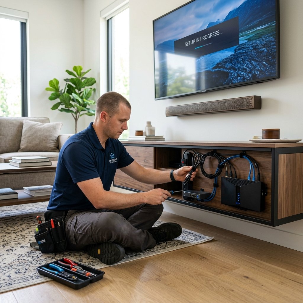 Technician installing fiber broadband